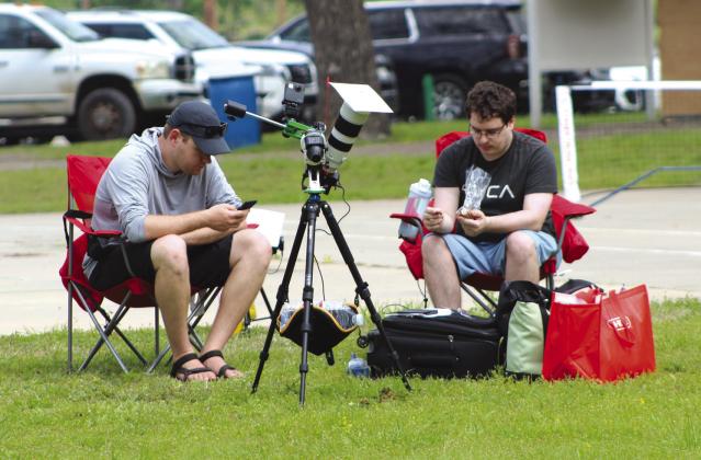 High school friends Michael of Seattle, Washington, and Jimmy of Austin, Texas, (from left) landed in Clifton City Park after chasing clear skies for the total solar eclipse on Monday, April 8. Nathan Diebenow | The Clifton Record
