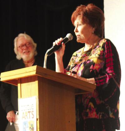 Judi Boston (right) received the Joan Spieler Lifetime Achievement Award during the Bosque Arts Center’s Big Event on Saturday, April 6. Nathan Diebenow | Meridian Tribune